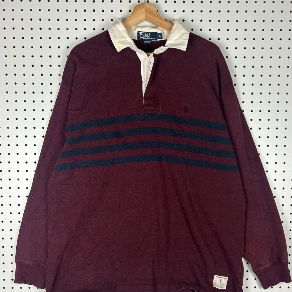 Polo Ralph Lauren Large Rugby Shirt Maroon Navy Blue Striped Long Sleeve Cotton